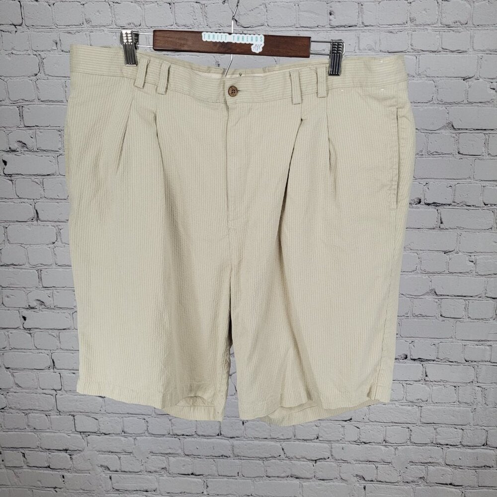 Lineage Beige 100% Silk Striped Pleated Lightweight Chino Shorts Size 42 (40x9)